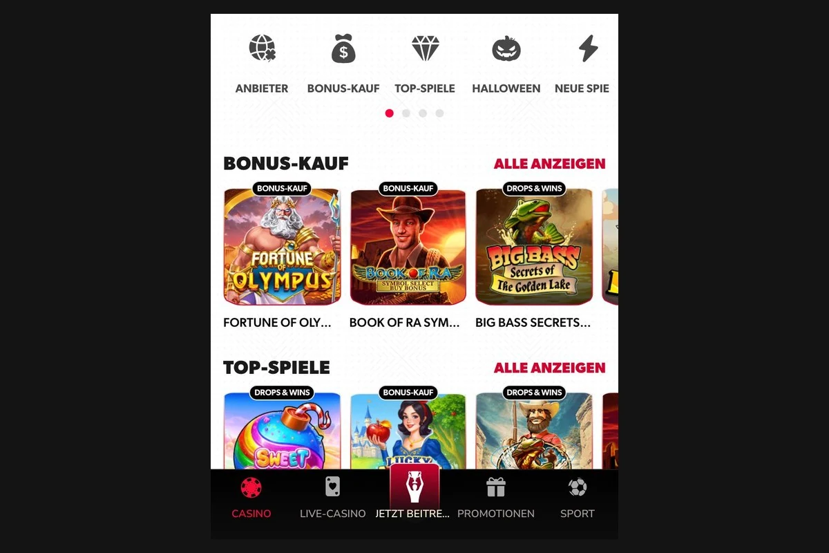 Betista im mobilen Browser: Kategorien, Bonus-Kauf und Navigationsleiste